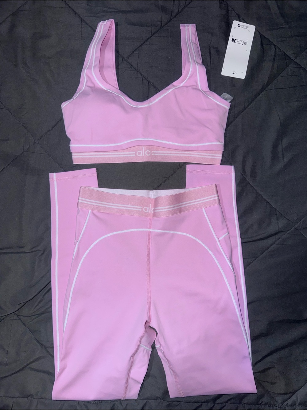ALO Yoga Kids Pink Leggings and Sports Bra Set with White Trim